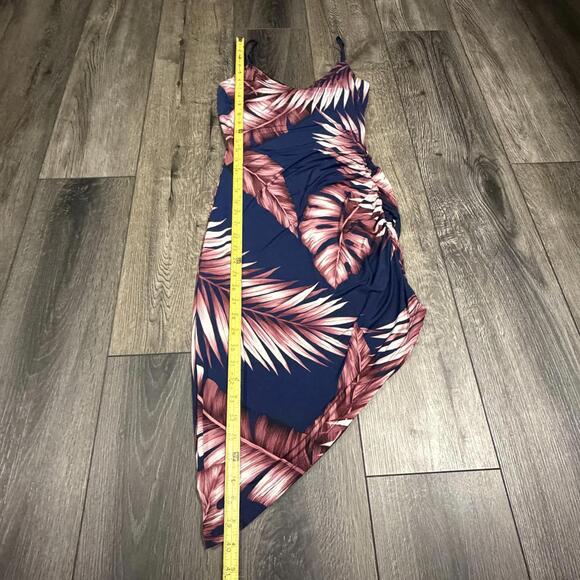 Windsor Tropical Palm Leaf Asymmetrical Ruched Bodycon Dress Navy Pink Medium - Picture 9 of 13